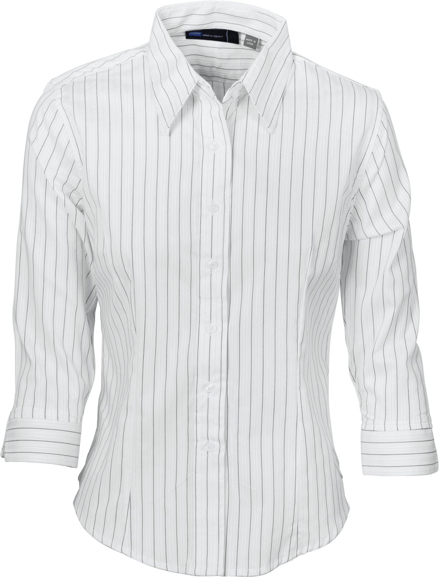 Ladies Stretch Yarn Dyed Contrast Stripe Sh irts - 3/4 Sleeve