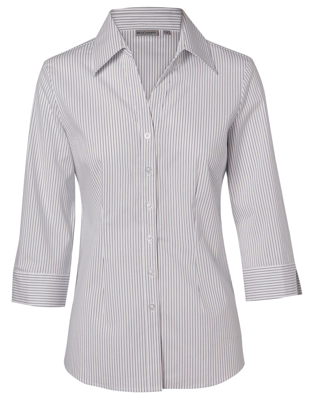 Women's Ticking Stripe 3/4 Sleeve Shirt - White/Grey