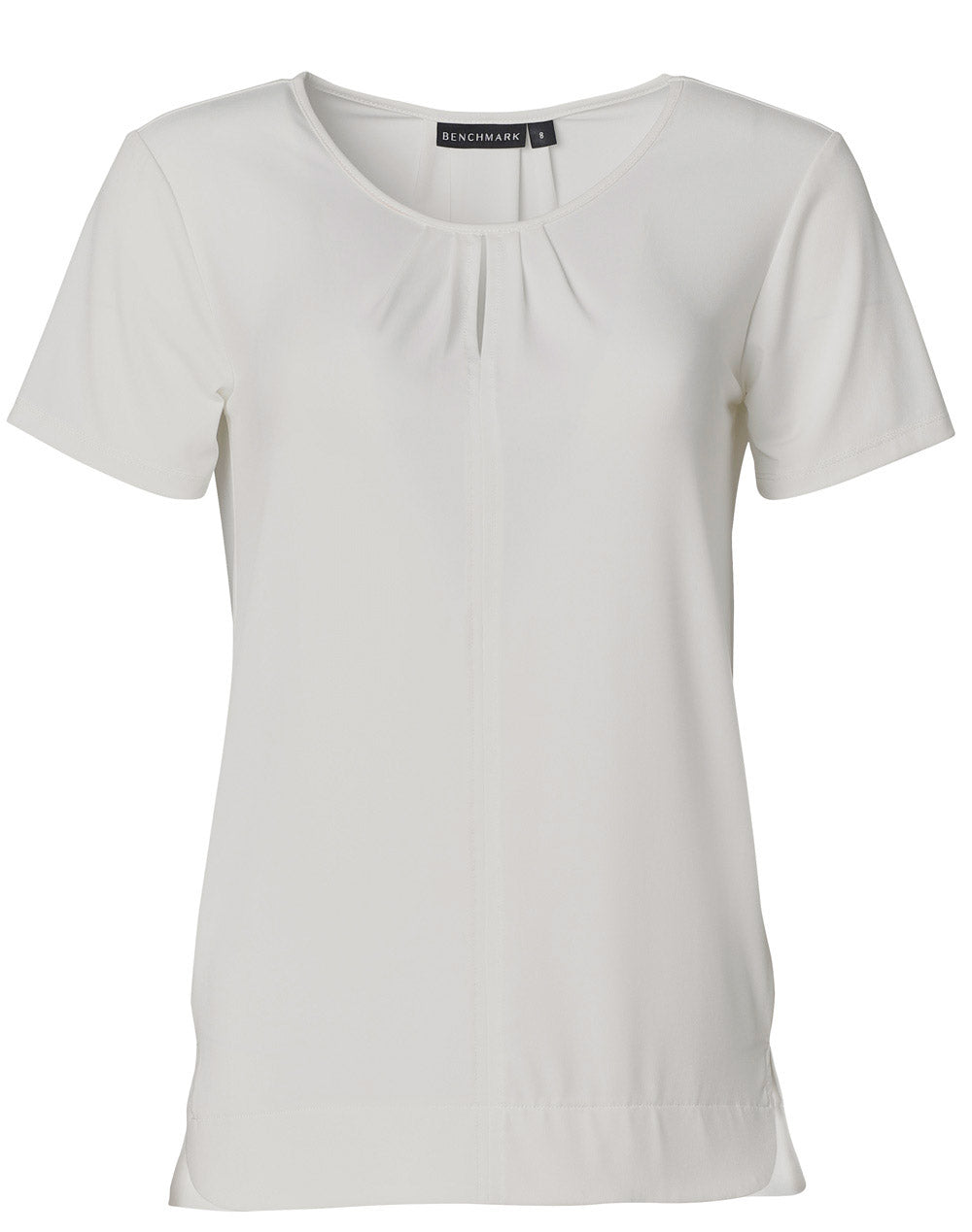 Ladies' Round Neck with Pleats S/S Knit Top - White