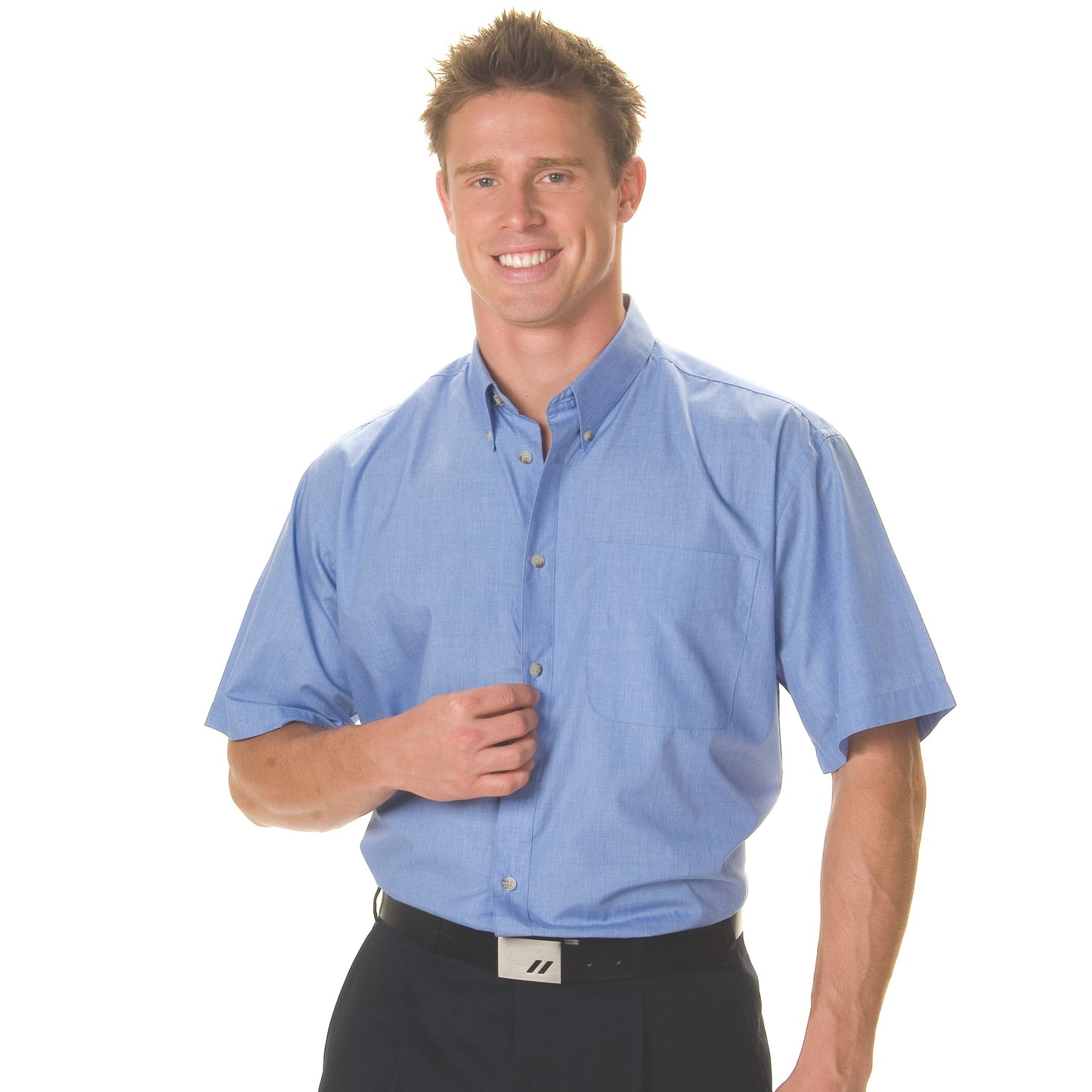 Polyester Cotton Chambray Business Sh irt - Short Sleeve
