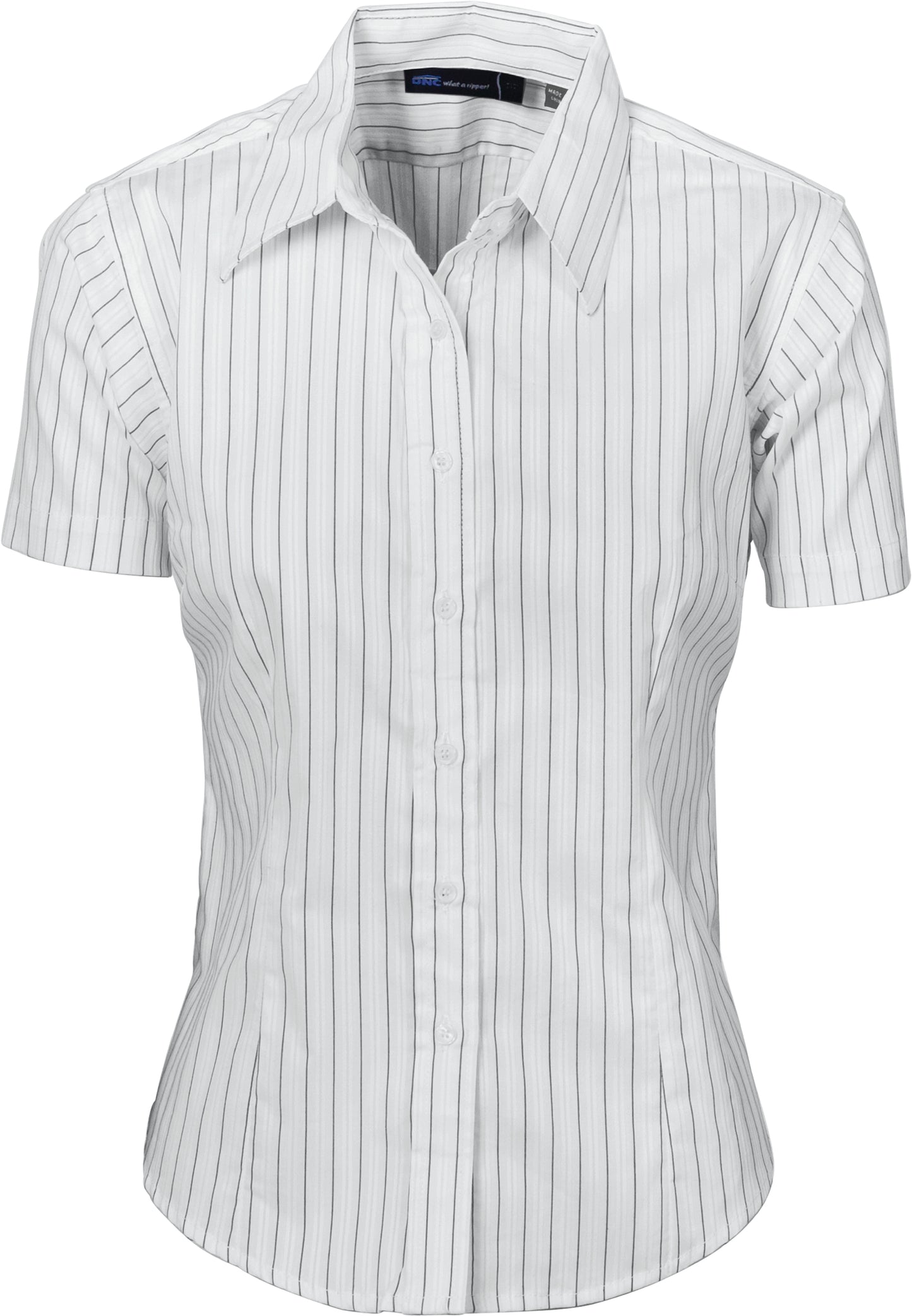 Ladies Stretch Yarn Dyed Contrast Stripe Sh irts -Short Sleeve