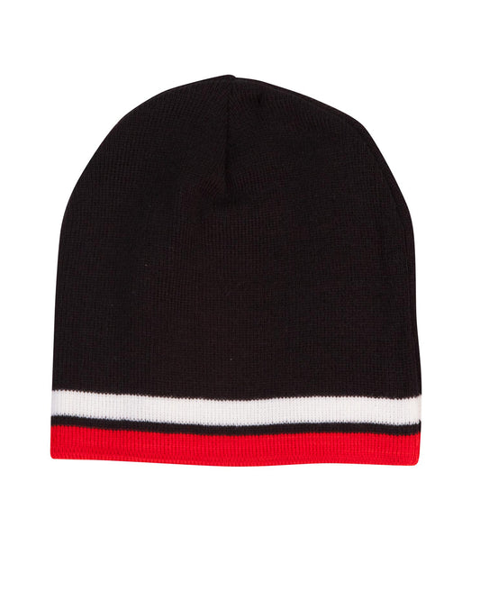 Knitted 100% acrylic contrast stripes beanie - Black/White/Red