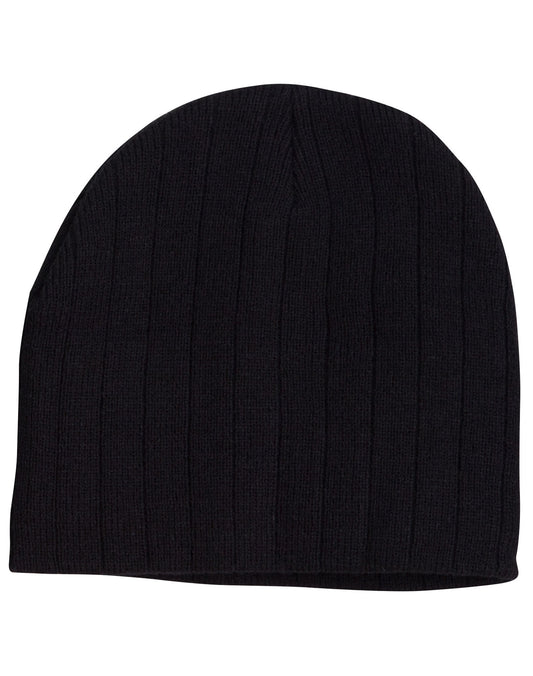 Cable Knit Beanie with Fleece Head Band - Black