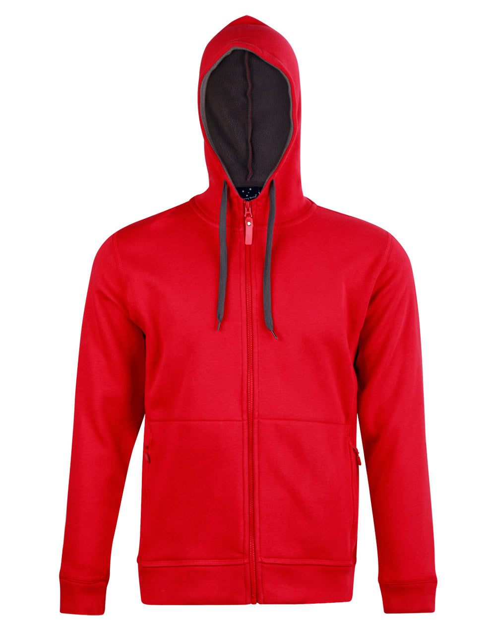 Men's Full Zip Contrast Fleece Hoodie - Red/Charcoal