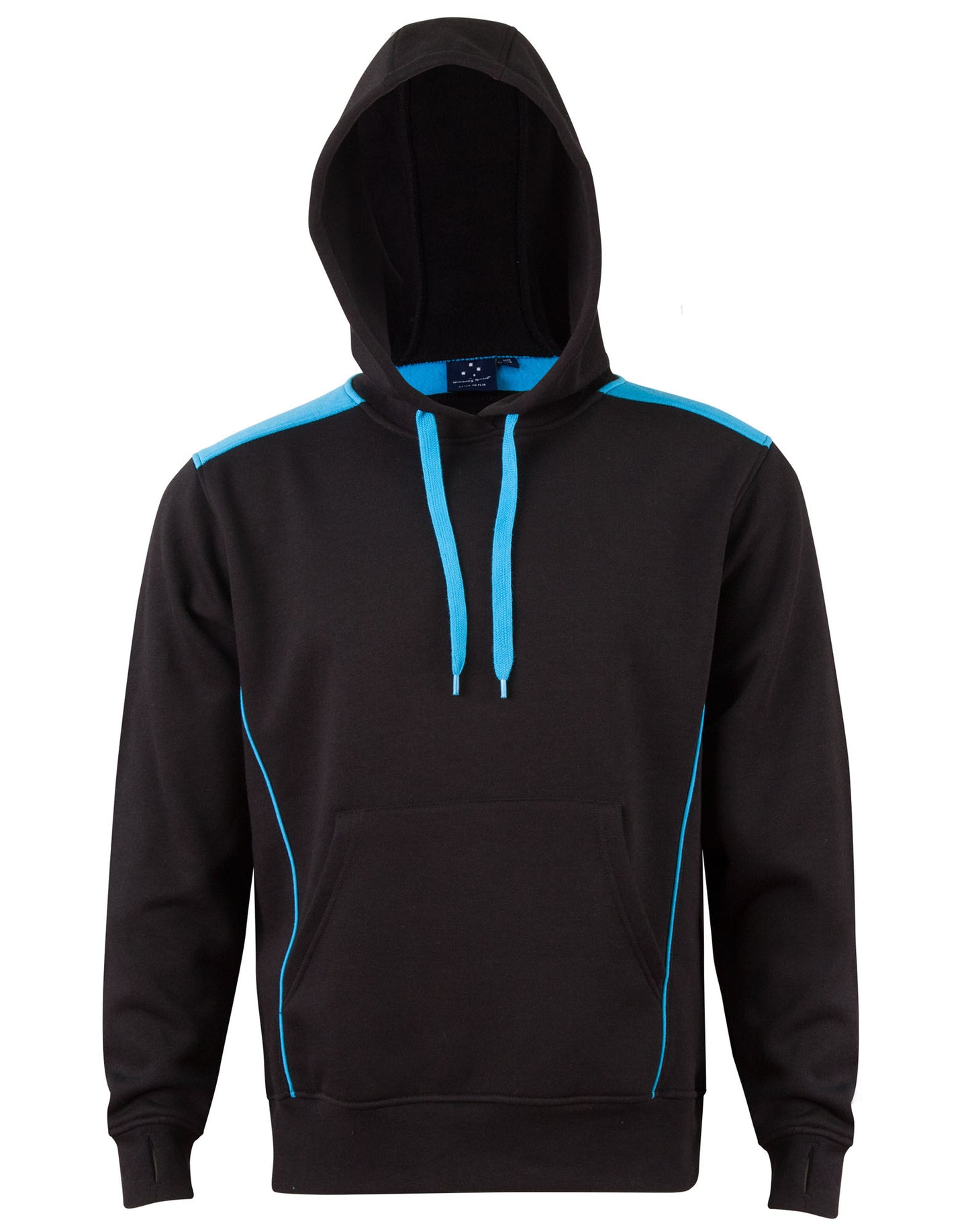 Adult's Kangaroo Pocket Contrast Hoodie - Black/Aqua Blue