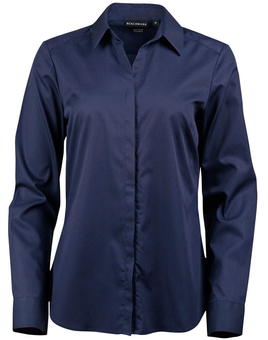 Ladies' Dobby Striped Taped L/S Shirt - Navy