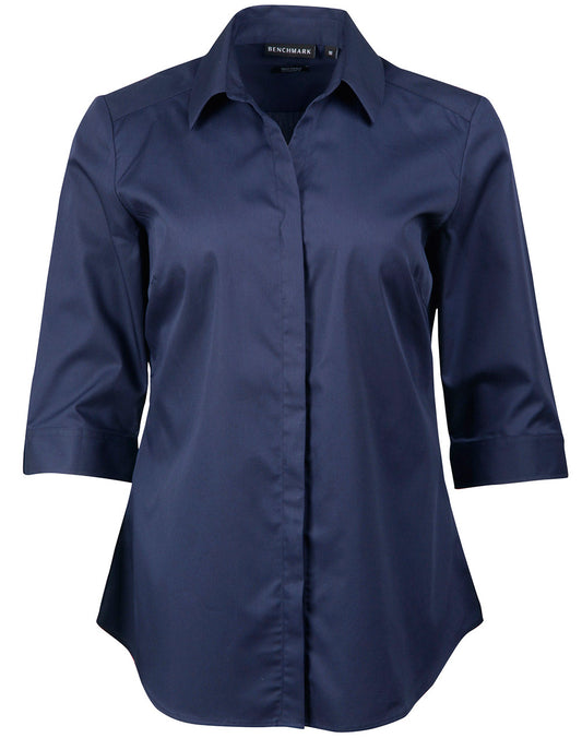 Ladies' Dobby Striped Taped 3/4 Sleeve Shirt - Navy