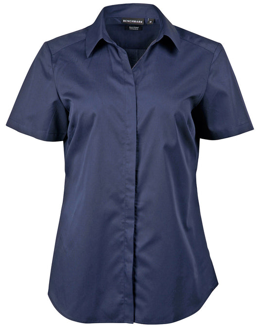 Ladies' Dobby Striped Taped S/S Shirt - Navy