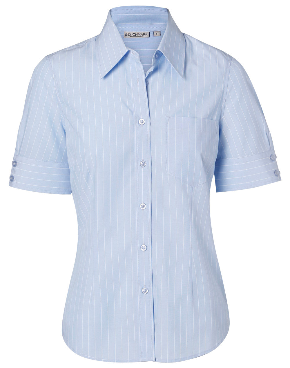 Women's Pin Stripe Short Sleeve Shirt - Blue Chambray/White