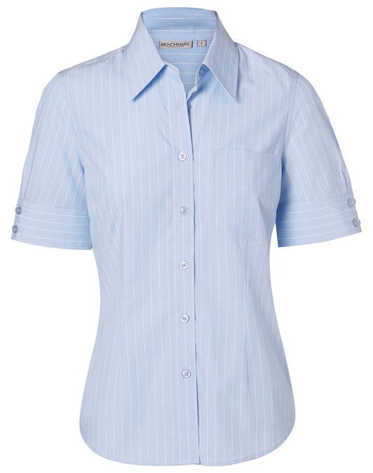 Women's Pin Stripe Short Sleeve Shirt - Blue Chambray/White