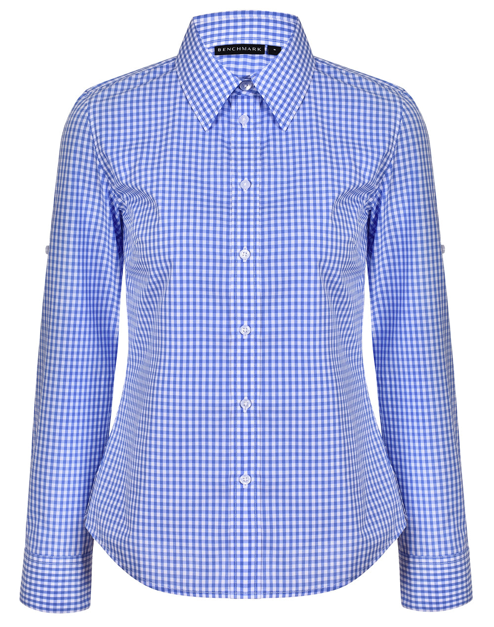 Women's Gingham Check Roll-up L/S Shirt - Skyblue/White