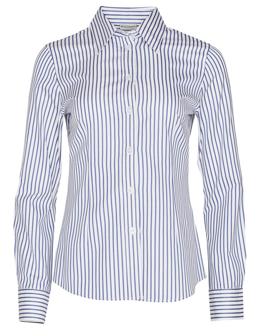 Women's Sateen Stripe L/S Shirt - White/Cobalt
