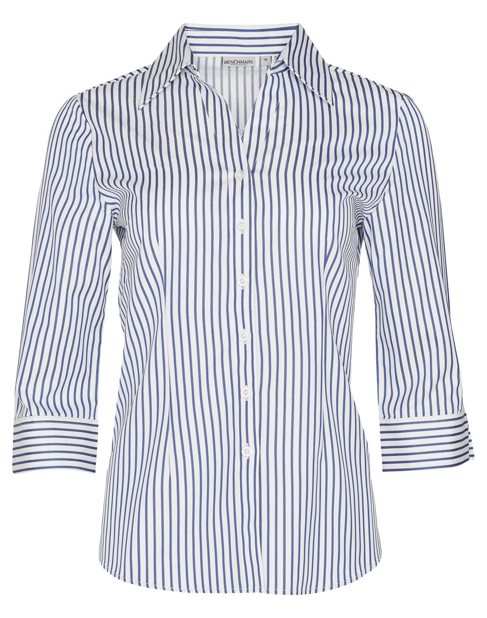 Women's Sateen Stripe 3/4 Sleeve Shirt - White/Cobalt