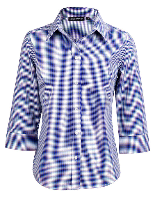 Ladies' Two Tone Check 3/4 Sleeve Shirt - Black/White/Navy