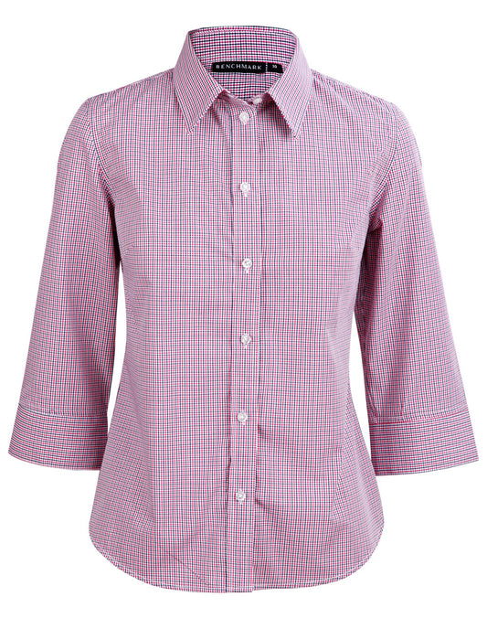 Ladies' Two Tone Mini Check 3/4 Sleeve Shirt - Black/White/Red