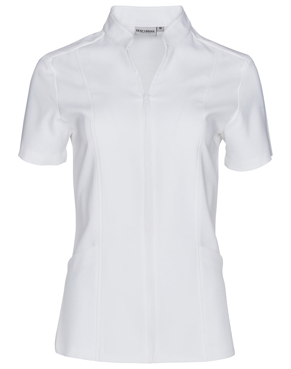 Women's Full Zip Front Short Sleeve Tunic - White