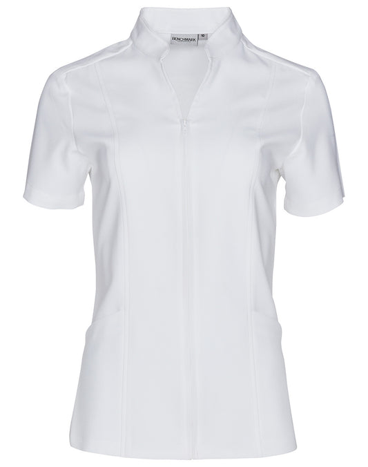 Women's Full Zip Front Short Sleeve Tunic - White