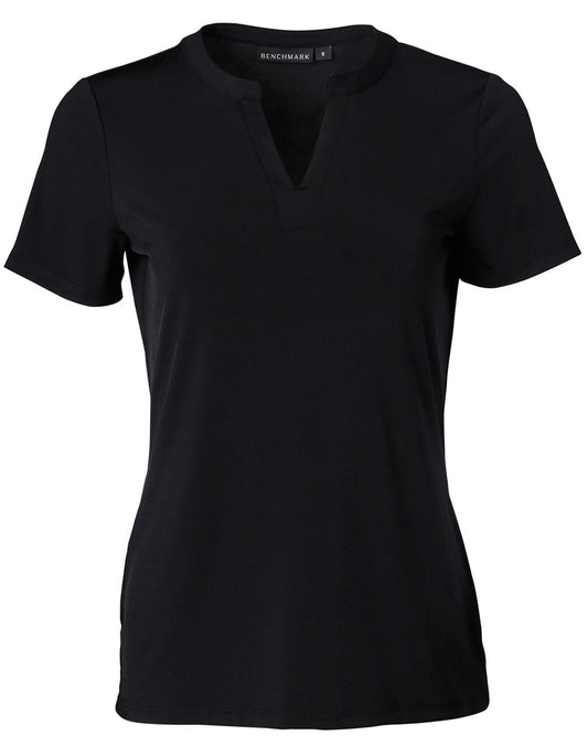 Ladies' V-neck with Tab S/S Knit Top - Black