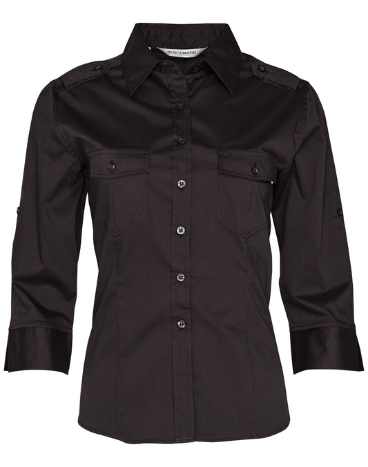 Women's 3/4 Sleeve Military Shirt - Black