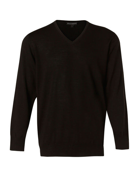 Men's 100% Merino Wool V Neck L/S Sweater - Black