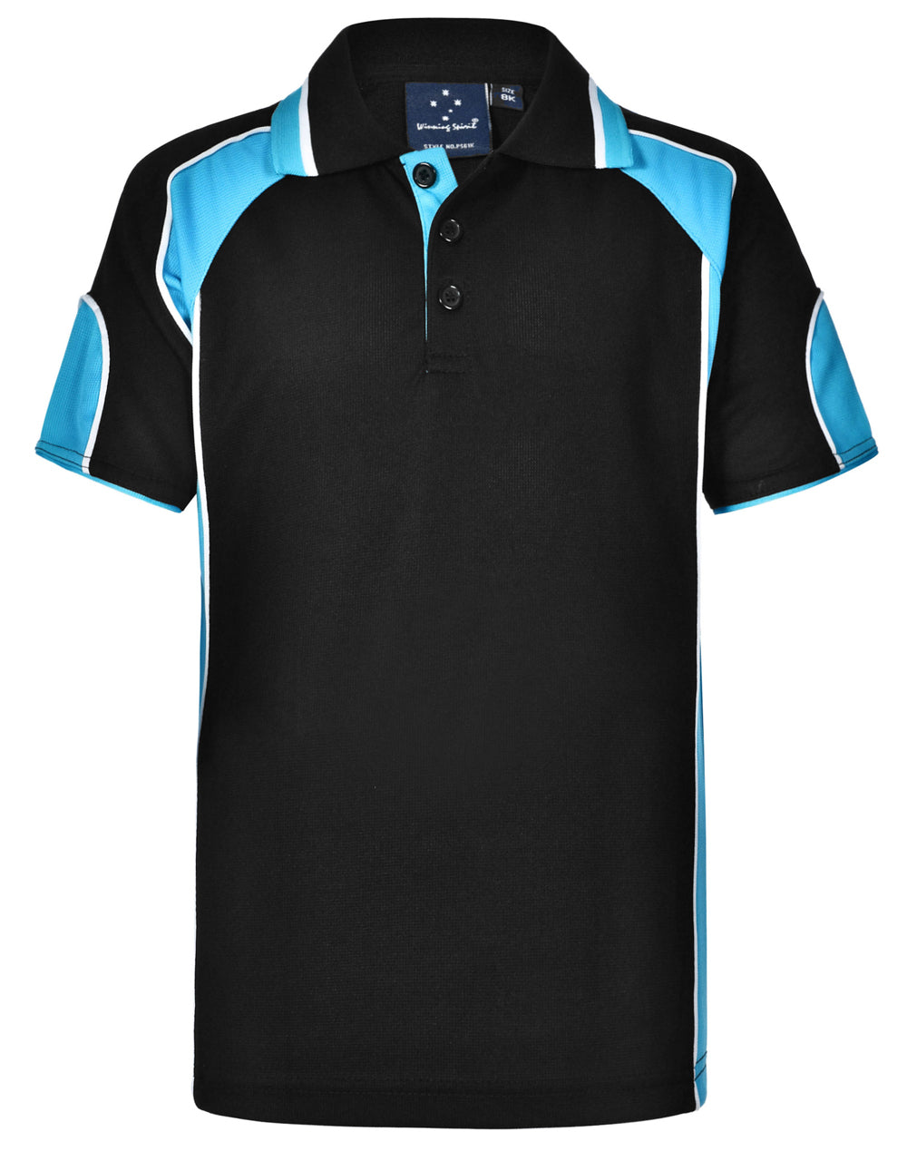 Kid's Cooldry Contrast Polo With Sleeve Panel - Black/Aqua Blue