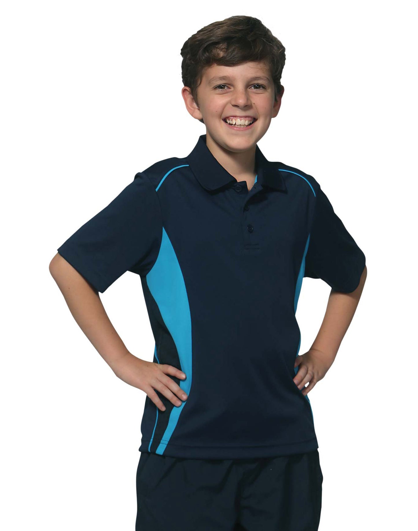 Kids' Cooldry S/S Contrast Interlock Polo - Navy/Aqua Blue