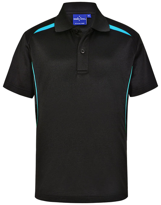 Kids' Sustainable Poly/Cotton Contrast S/S Polo - Black/Aqua Blue